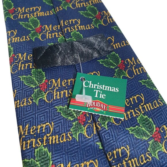 Vintage Merry Christmas Holiday Tie Festive Holly Pattern Party Dad Gift - Picture 4 of 5